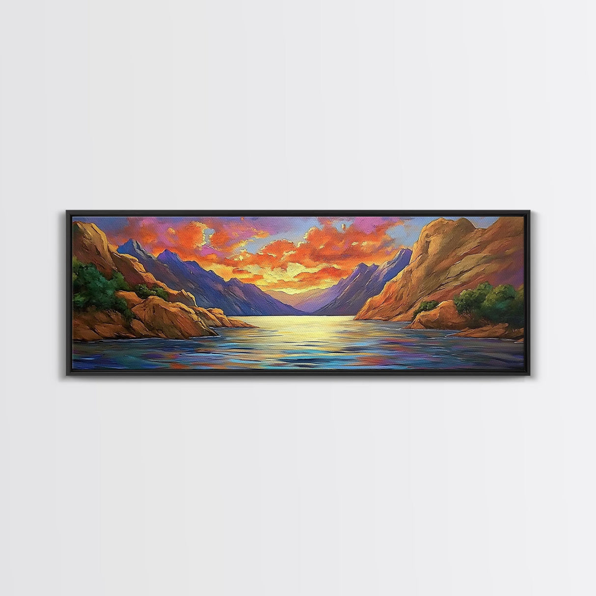 Sunset Lake, Mountain Reflection, Nature Glow, Framed Canvas Print, Scenic Wall Art, Autumn Decor, Cabin Artwork, Rustic Landscape Art