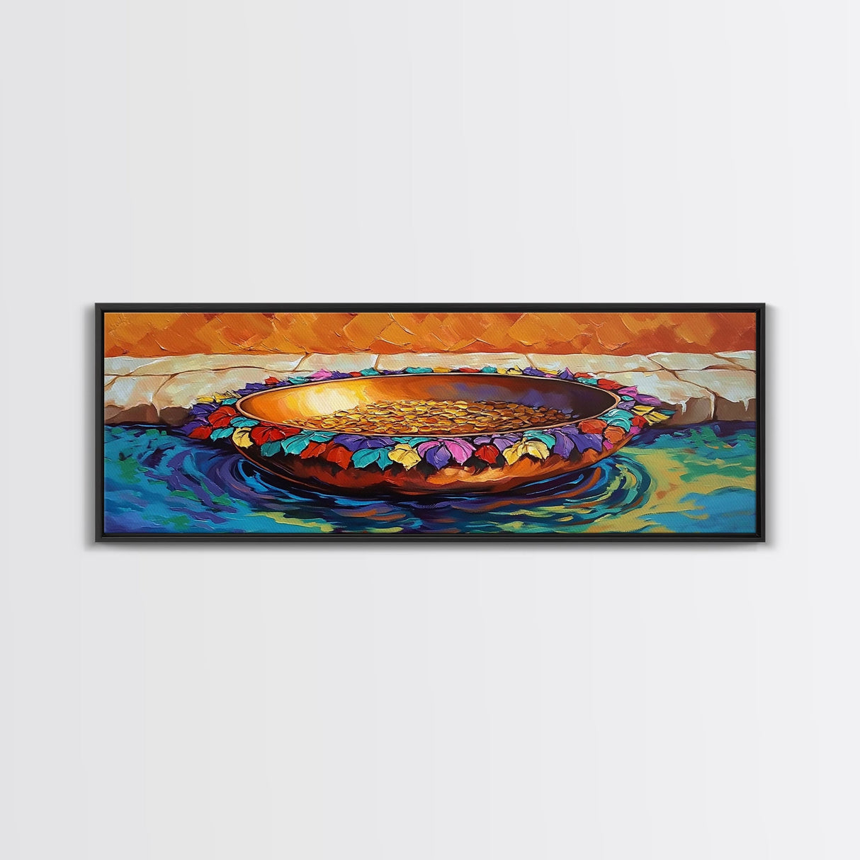 Gold Coins, Water Bowl, Vibrant Still Life, Framed Canvas Print, Kitchen Wall Art, Autumn Accent, Southwestern Art, Colorful Painting