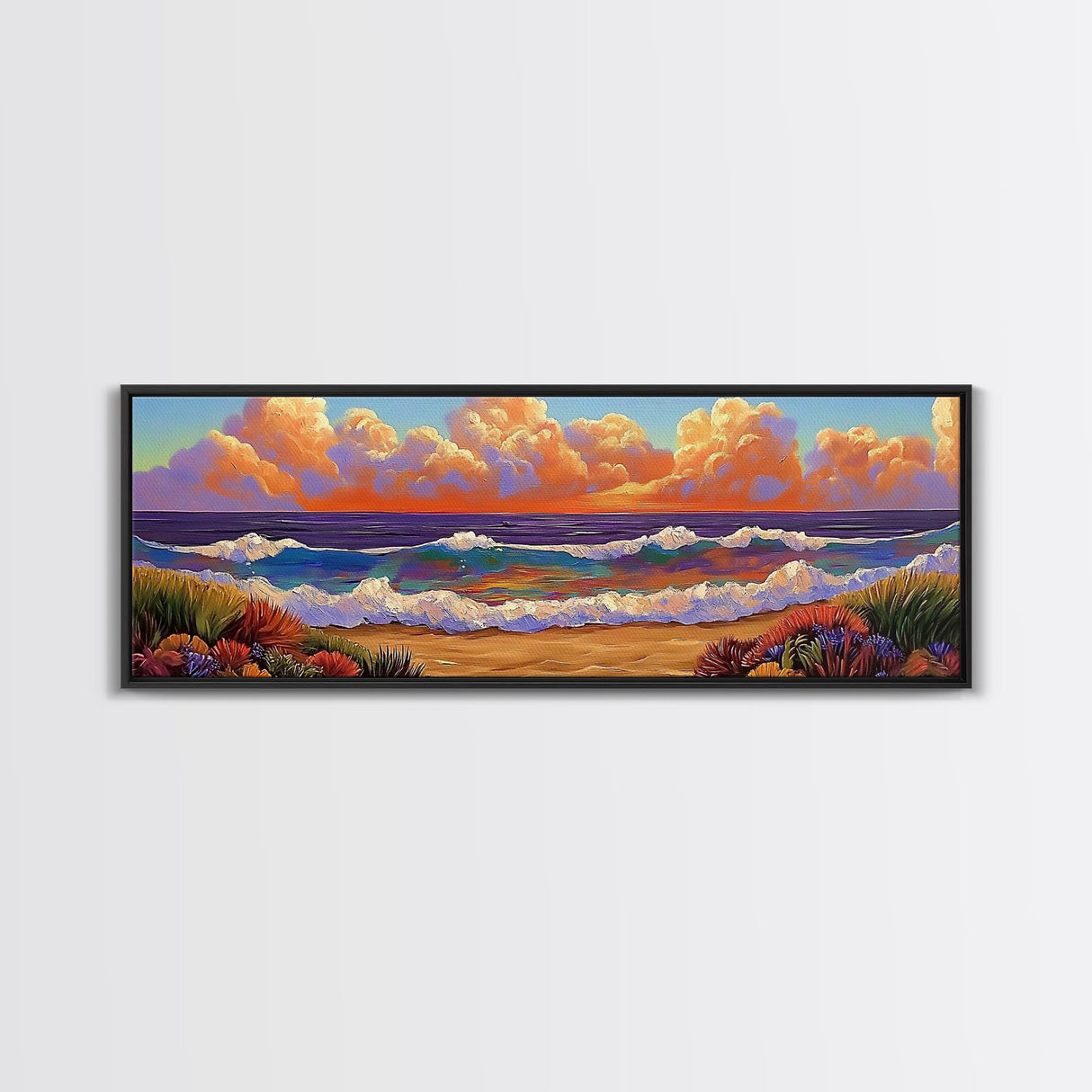 Beach Sunset, Gentle Waves, Cotton Clouds, Summer Calm, Framed Canvas Print, Coastal Wall Art, Soft Pastel Ocean Landscape
