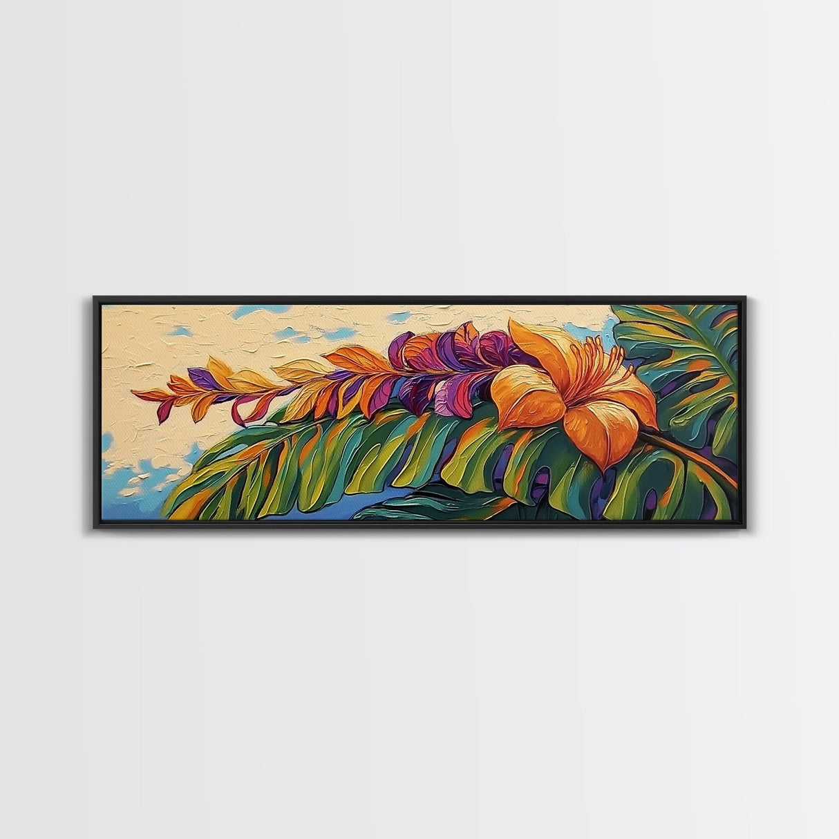 Tropical Leaves, Bold Floral, Exotic Bloom, Modern Art, Framed Canvas Print, boho jungle decor, bedroom wall art, tropical artwork