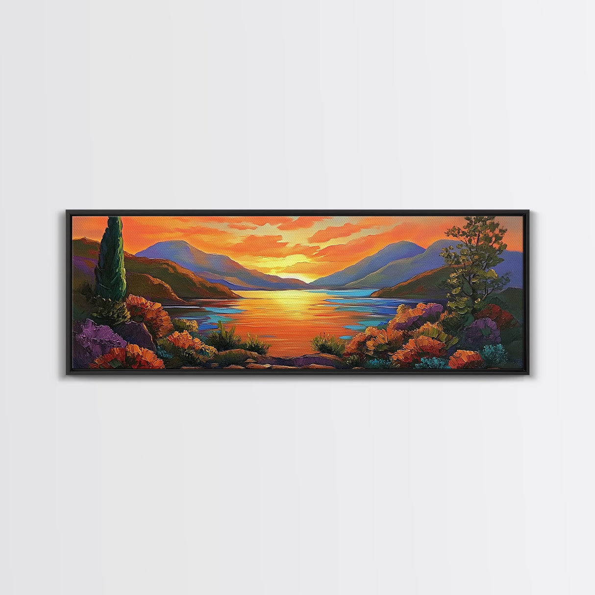 Mountain Sunset Lake, Bold Nature Landscape, Vibrant Water Reflection, Framed Canvas Print, Rustic Living Room or Cabin Wall Art
