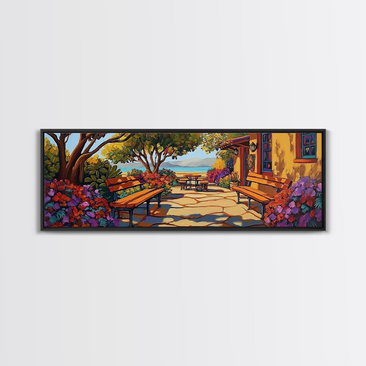 Garden Patio, Seaside Escape, Bright Cottage, Floral Path, Framed Canvas Print, Summer Porch Art, Kitchen Courtyard Painting