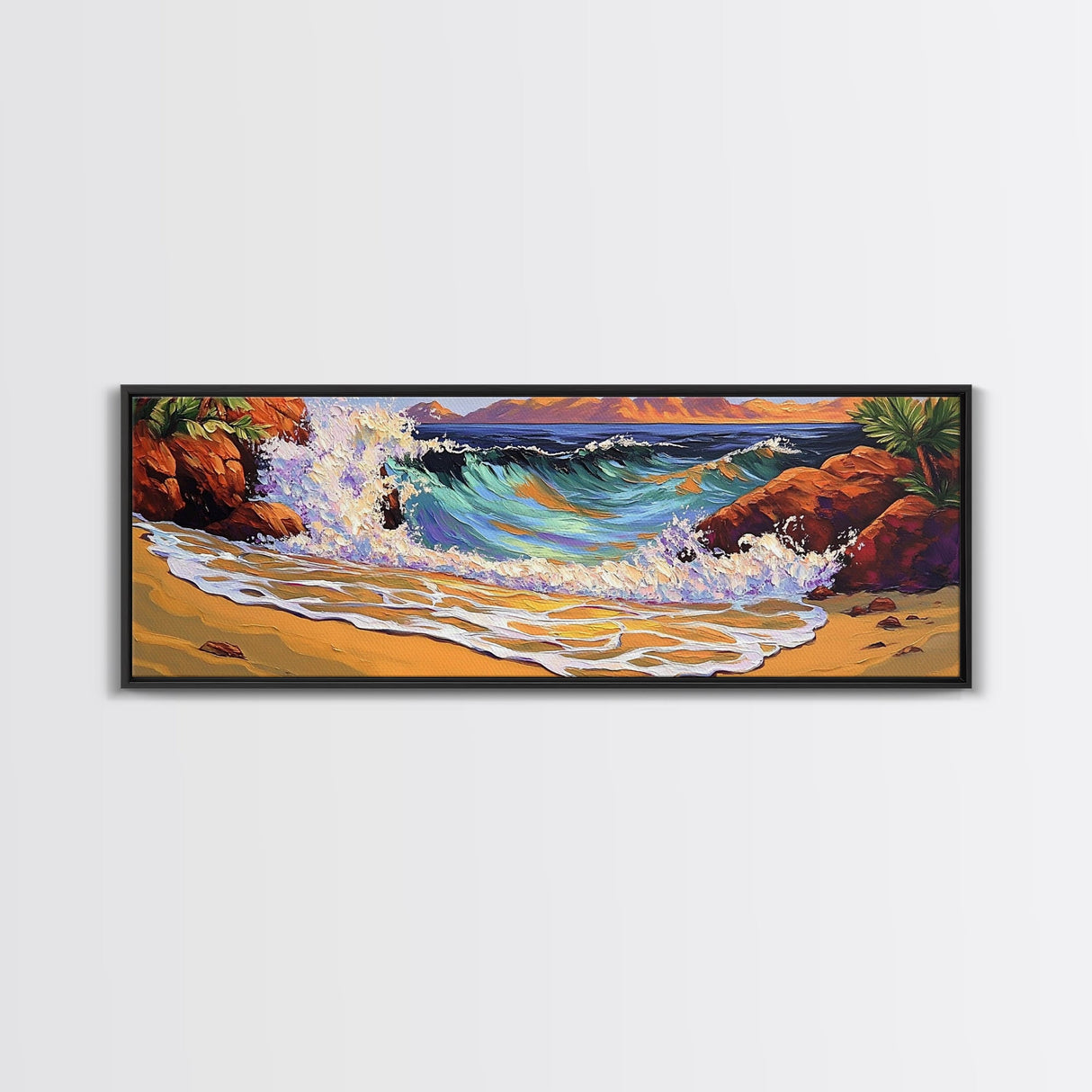 Wave Crash, Rocky Beach, Golden Coast, Tropical Splash, Framed Canvas Print, Coastal Wall Art, Bold Bathroom Decor, Surf Art Style