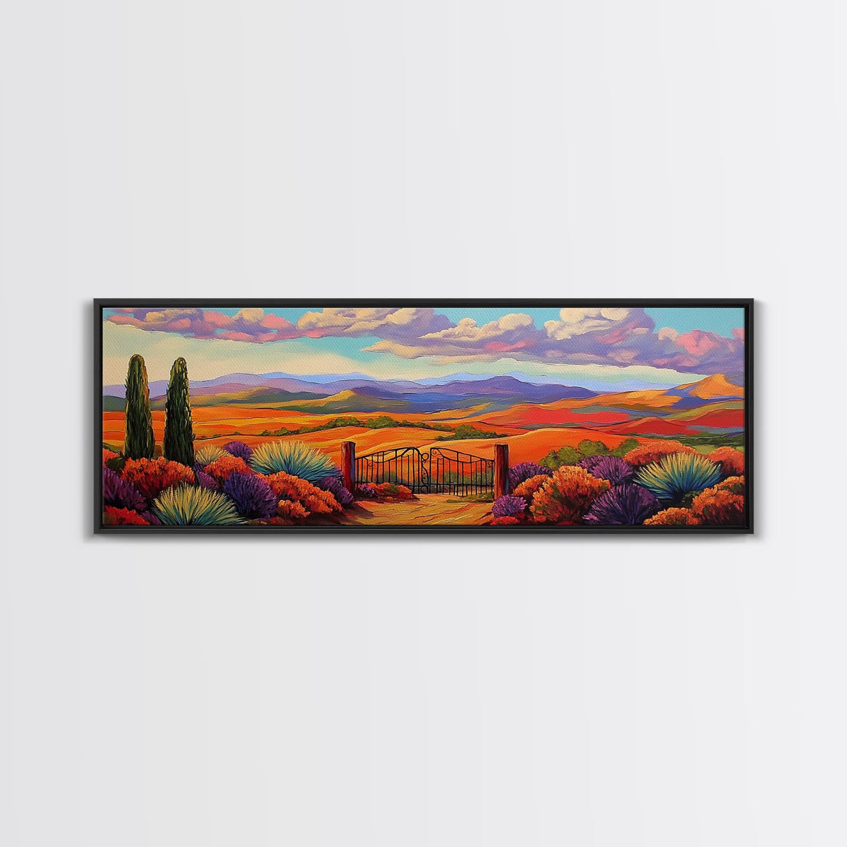Mountain Sunset View, Western Hillside, Country Valley Gate, Framed Canvas Print, Fall Landscape Art, Rustic Farmhouse Decor