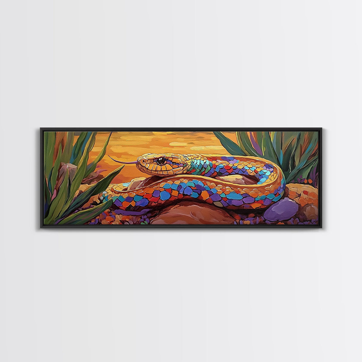 Sunset Snake Painting, Colorful Desert Creature, Serpent Among Rocks, Framed Canvas Print, Boho Wall Art, Eclectic Decor Piece