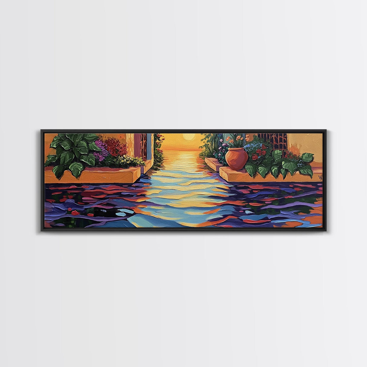 Sunset Canal Garden, Water Reflections, Warm Floral Courtyard, Framed Canvas Print, Kitchen Wall Art, Romantic Boho Artwork