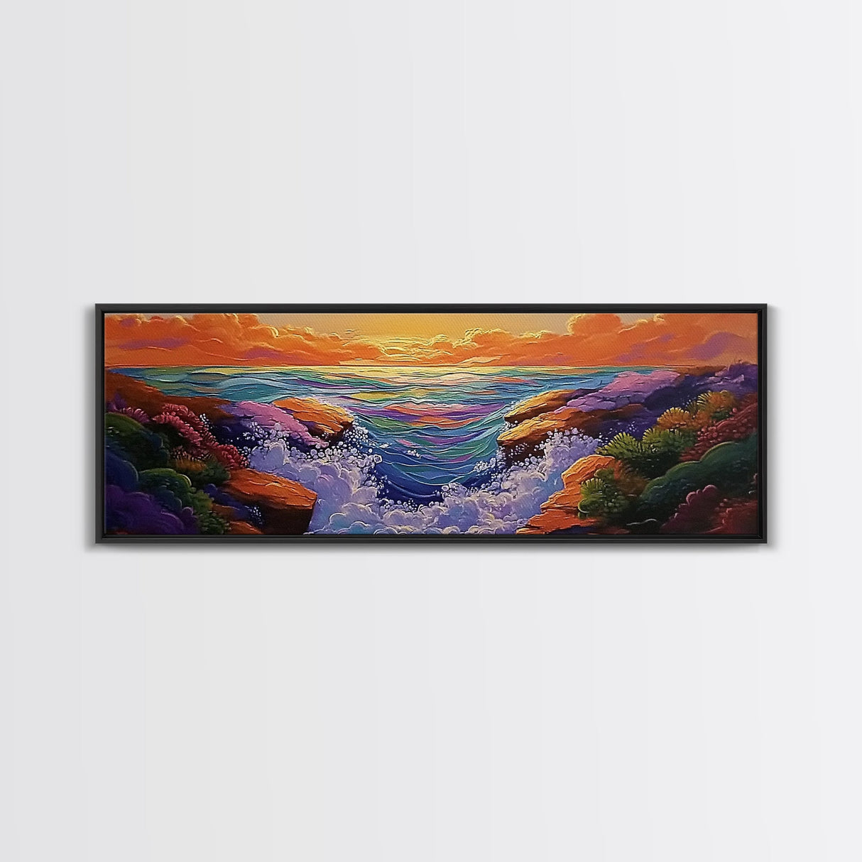 Sunset Coast, Vibrant Waters, Ocean Rocks, Canvas Print, Dreamy Beach Wall Art, Bright Living Room Decor, Boho Seascape Scene