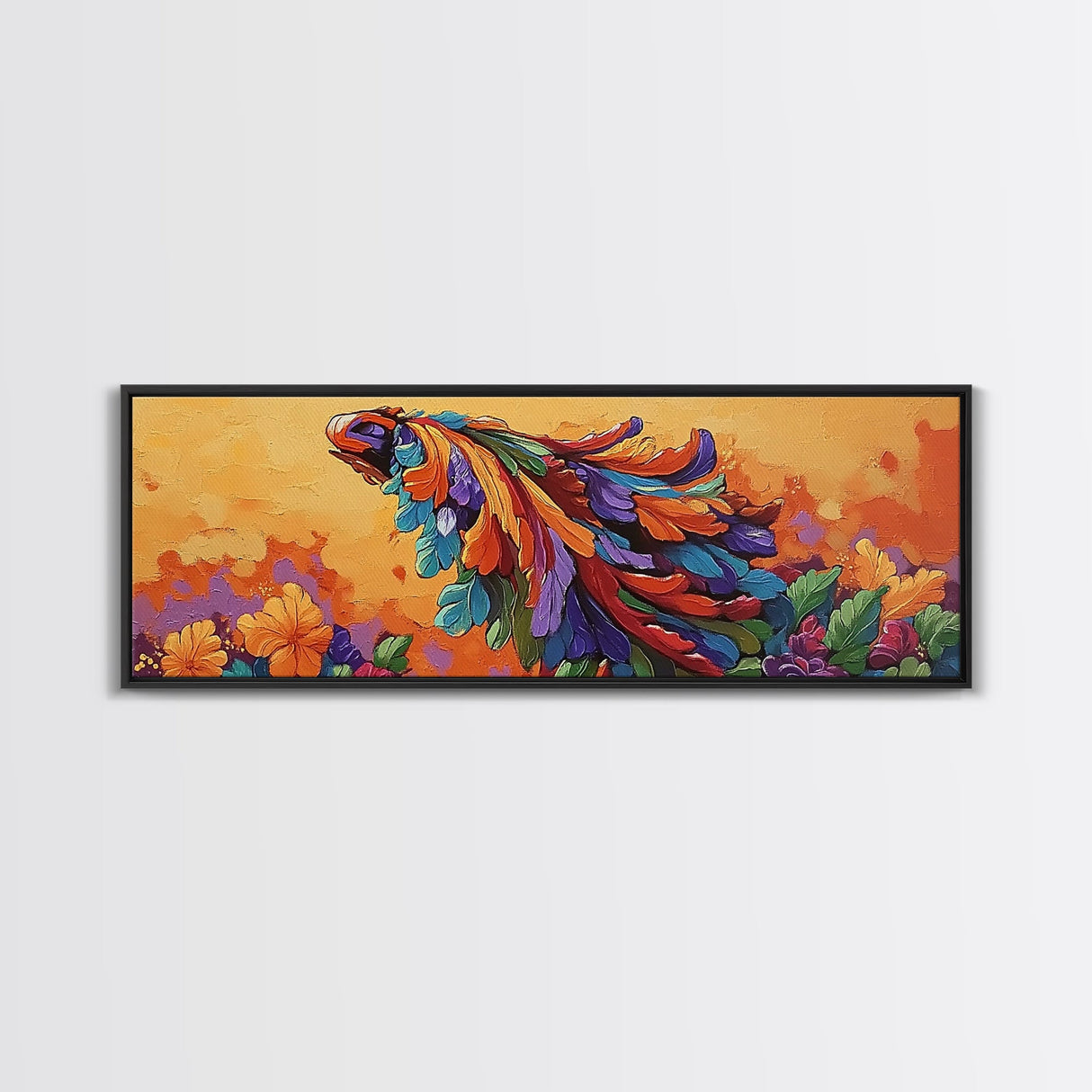 Tropical Parrot, Feathers Bloom, Jungle Vibes, Framed Canvas Print, Bright Animal Wall Art, Boho Living Room Decor, Bold Colors