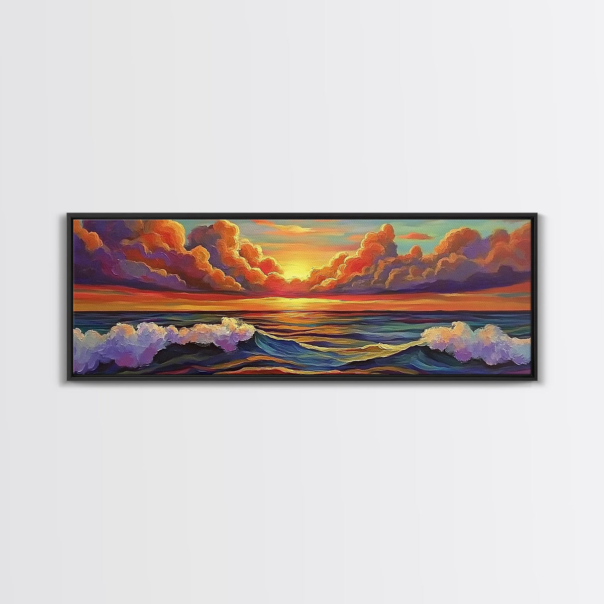 Dramatic Clouds, Sunset Sea, Ocean Glow, Framed Canvas Print, Bold Coastal Wall Art, Colorful Living Room Decor, Dreamy Seascape Style