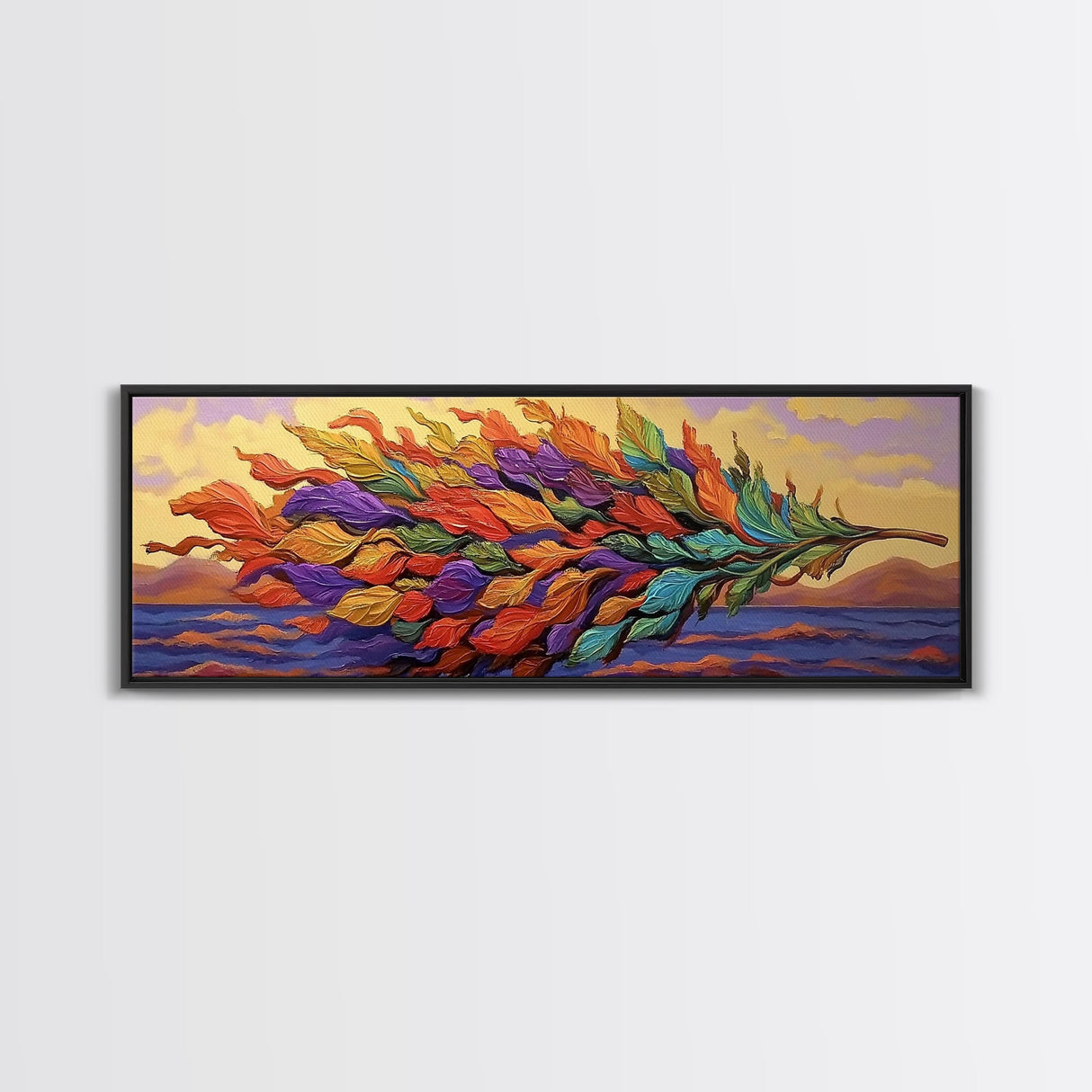 Rainbow Leaf, Nature Abstract, Coastal Breeze, Vibrant Palette, Framed Canvas Print, boho beach decor, colorful fall wall art, living room accent