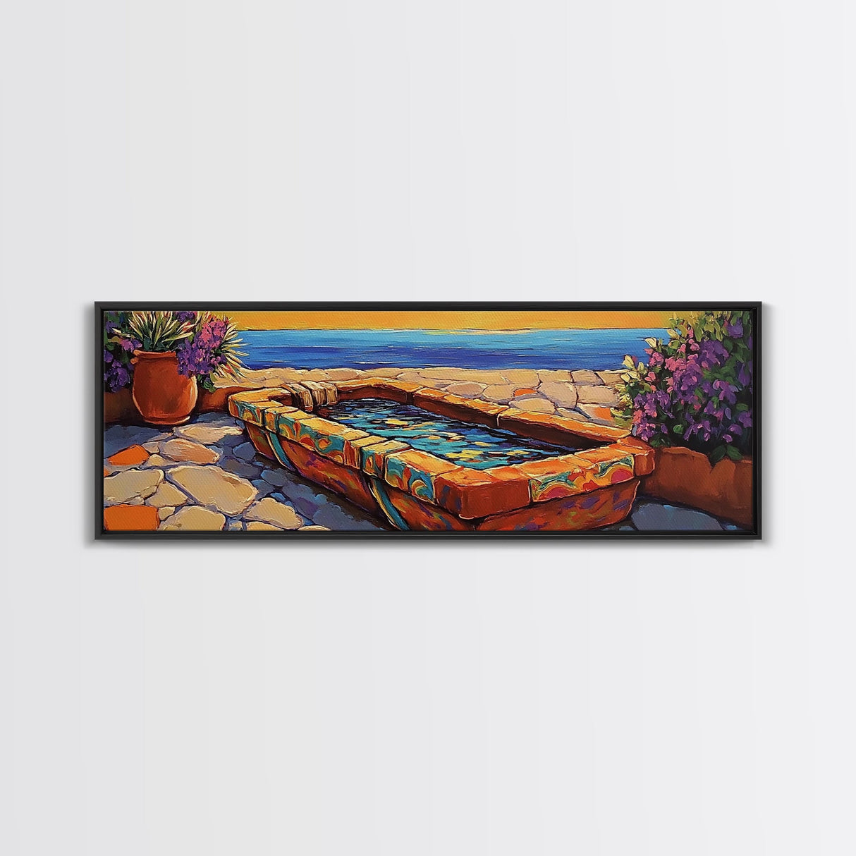 Sunset Garden View, Mediterranean Patio, Vibrant Colors, Coastal Escape, Framed Canvas Print, Bathroom Wall Art, Colorful Outdoor Art