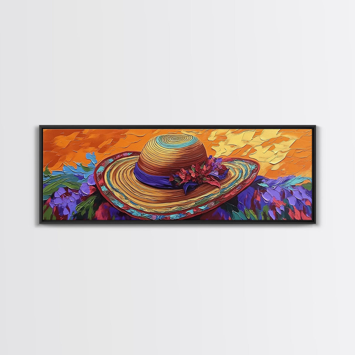 Sun Hat Painting, Floral Accent, Bold Texture, Summer Vibes, Framed Canvas Print, Boho Wall Art, Bedroom or Dressing Room Decor