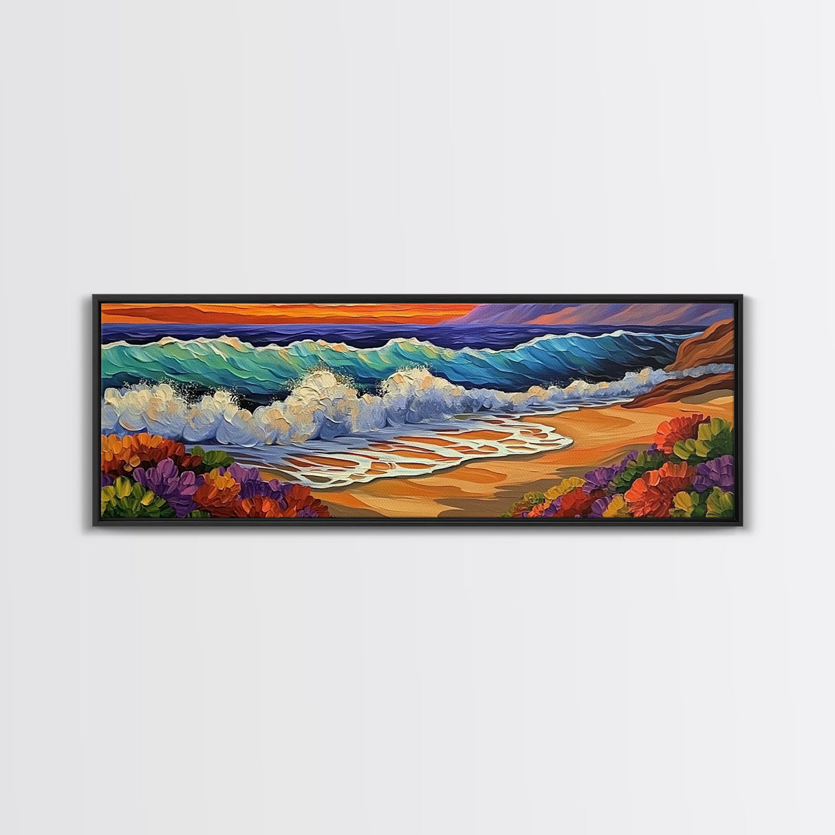 Crashing Waves, Sunset Sea, Bold Ocean Art, Framed Canvas Print, Vibrant Beach Wall Decor, Bathroom Nautical Theme, Color Splash Style