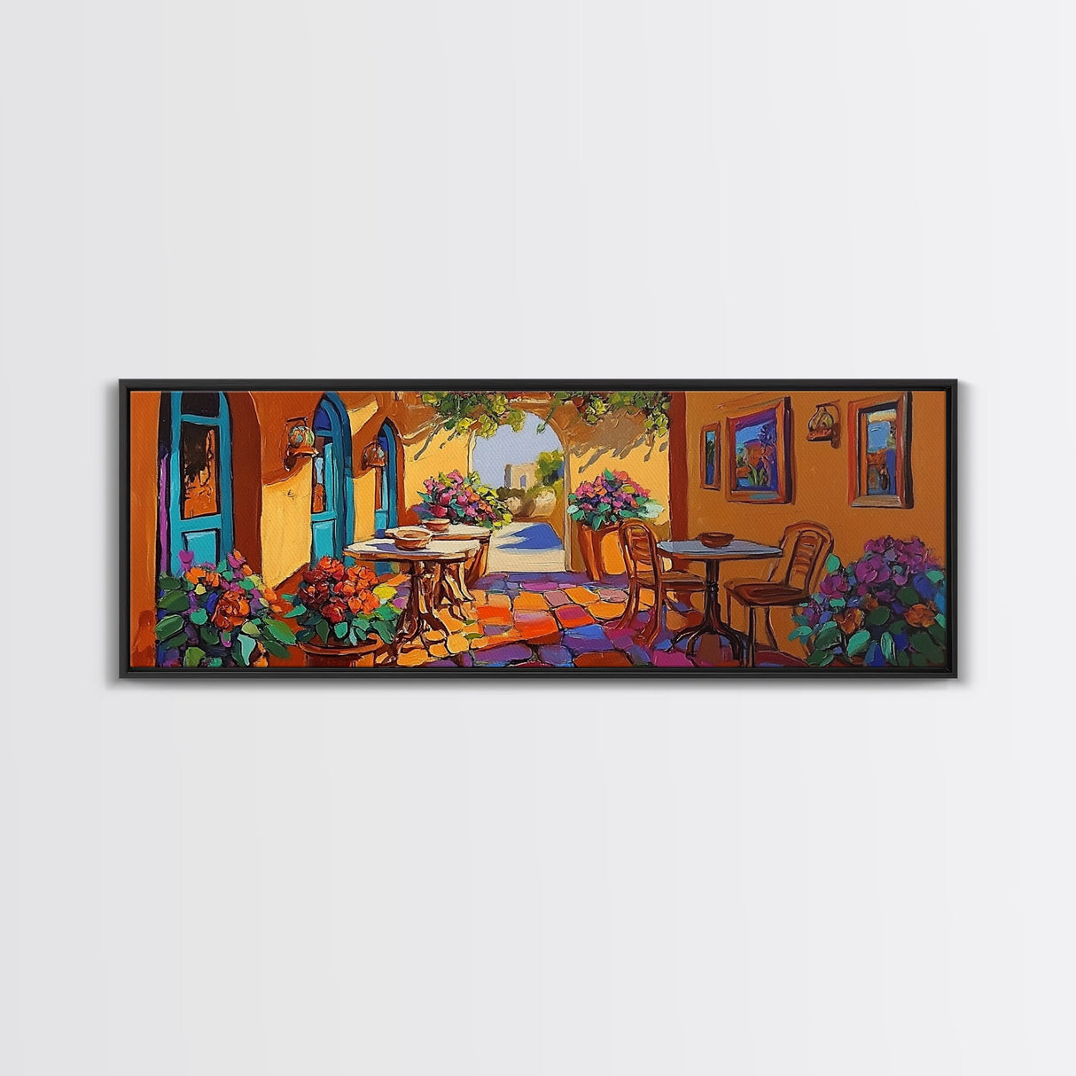 Mediterranean Patio Vibe, Colorful Courtyard Painting, Rustic Garden View, Framed Canvas Print, Kitchen Wall Art, Tuscan Style Decor