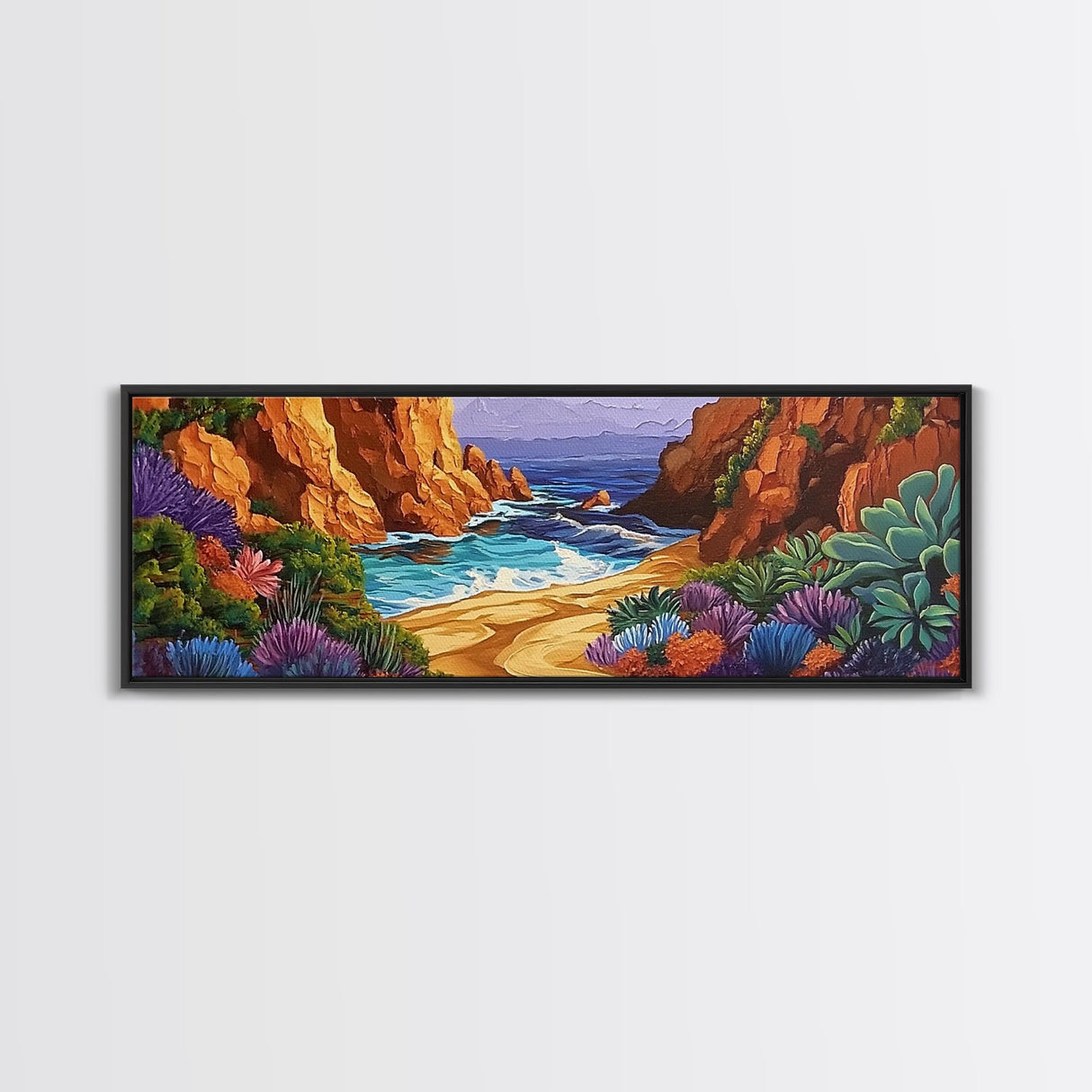 Hidden Cove Painting, Succulent Cliffside Beach, Colorful Ocean Art, Canvas Print, Desert Coastal Wall Art, Boho Nature Decor