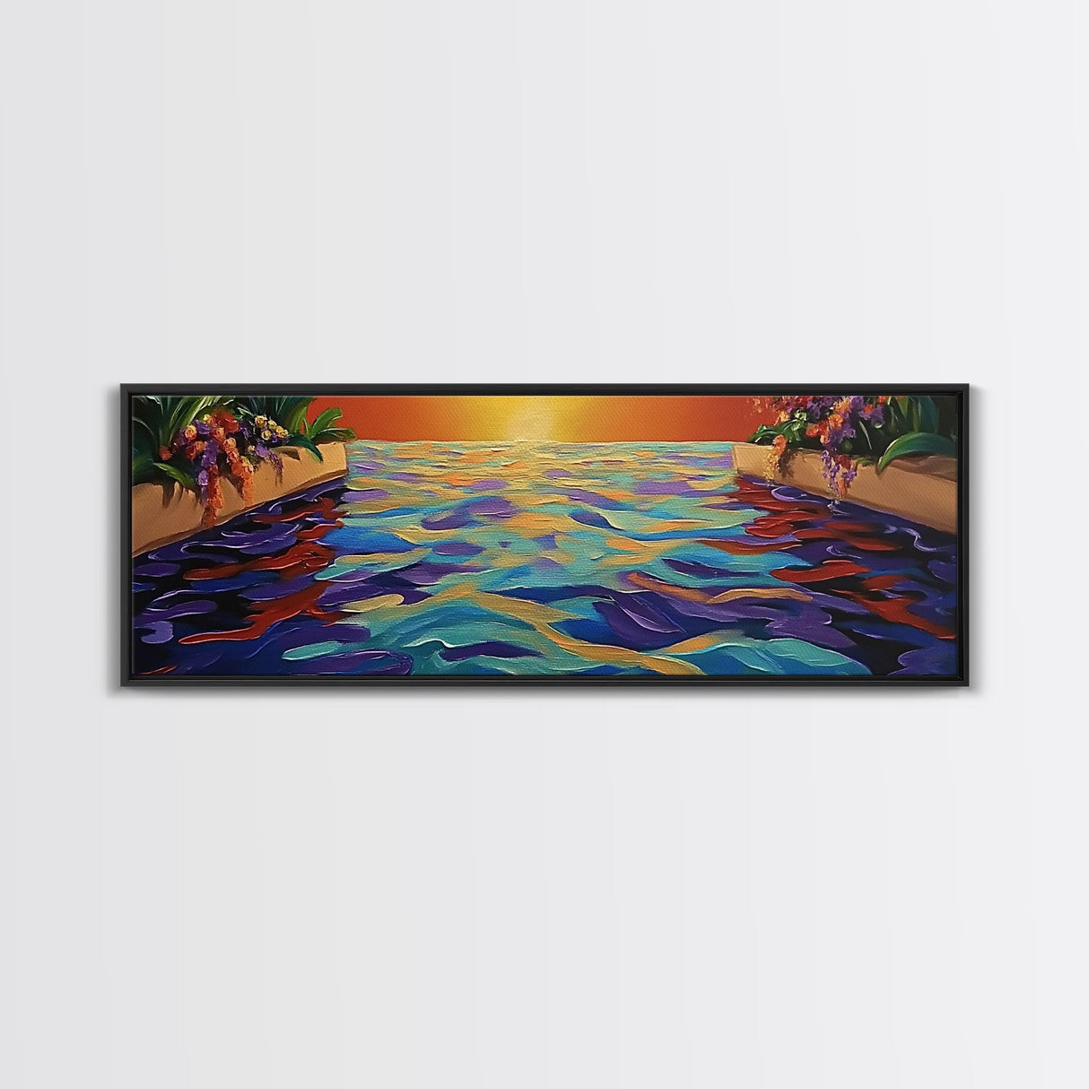 Sunset Infinity Pool, Tropical Water Reflection, Vibrant Resort View, Canvas Print, Bathroom Wall Art, Dreamy Landscape, Modern Art