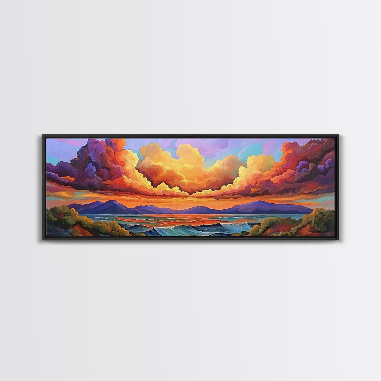 Sunset Waves, Vibrant Clouds, Mountain Sea View, Framed Canvas Print, Colorful Seascape Art, Moody Bedroom Decor, Ocean Landscape