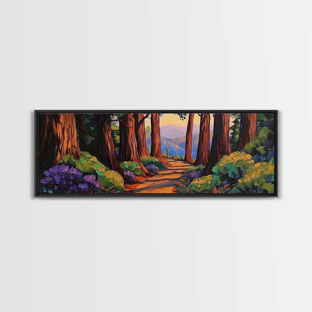 Redwood Forest, Sunset Path, Nature Trail, Peaceful Escape, Framed Canvas Print, Nature Wall Art, Bedroom Decor, Rustic Cabin Art