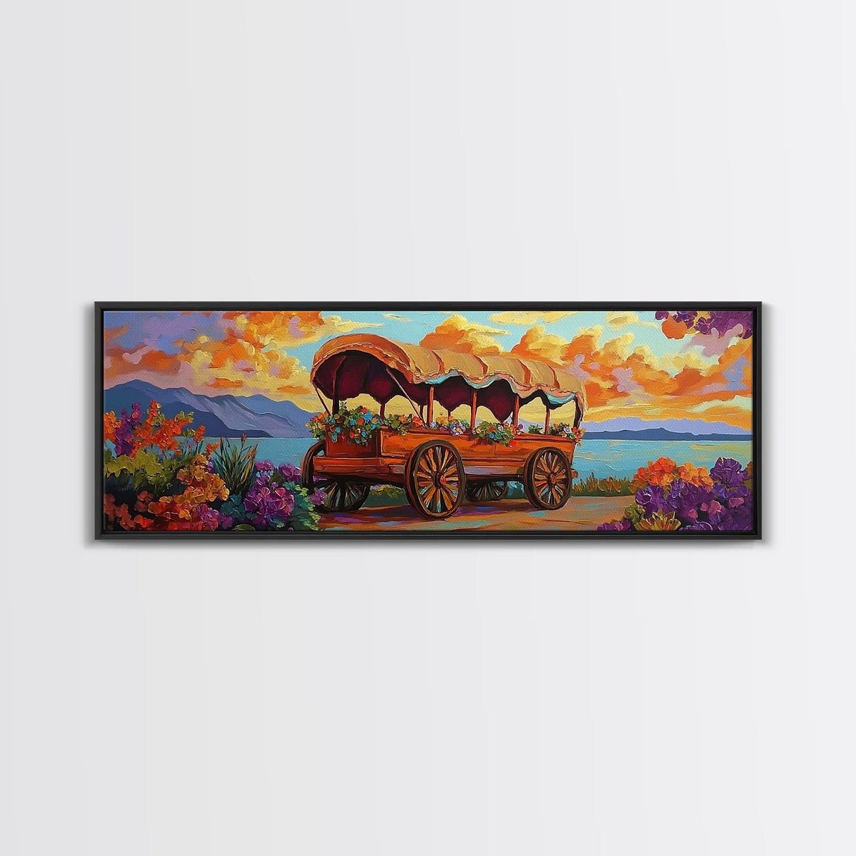 Flower Wagon, Sunset Trail, Wildflower Garden, Rustic Charm, Framed Canvas Print, Autumn Wall Art, Living Room Decor, Country Farmhouse Art