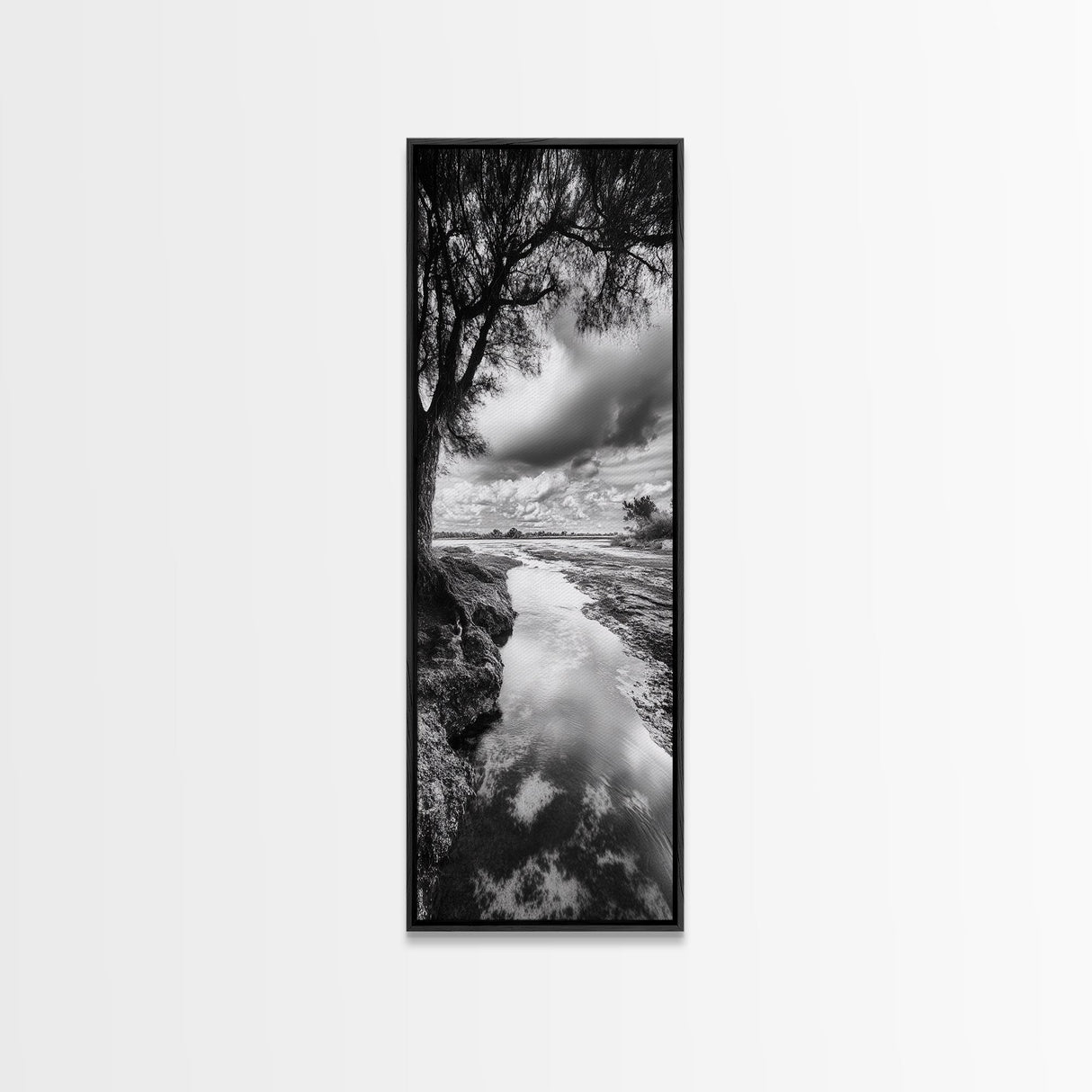 River Through Trees, Tranquil Forest Stream, Reflective Nature Art, Framed Canvas Print, Zen Living Room Wall Decor, Calm Scene