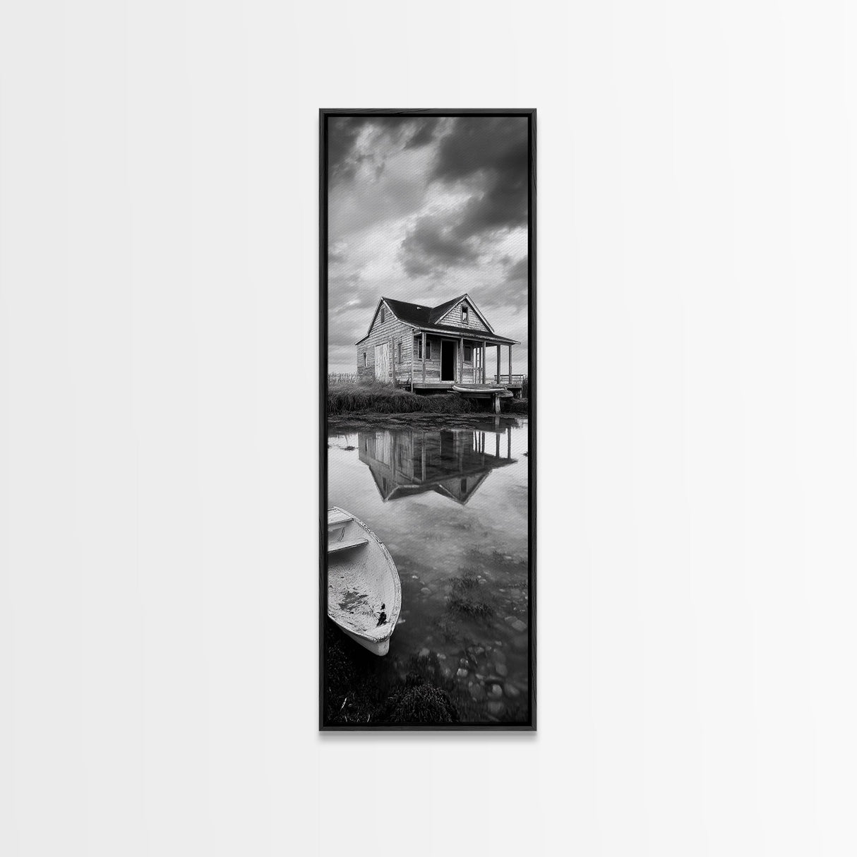 Weathered House, Abandoned Shack, Reflection Lake, Framed Canvas Print, Rustic cabin wall art, Fall entryway decor, Moody farmhouse aesthetic
