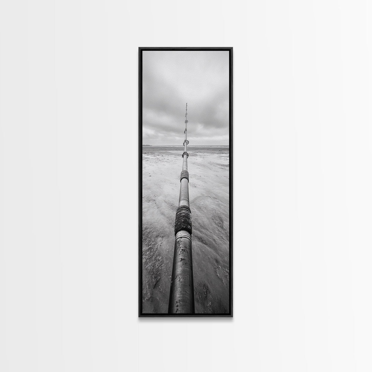 Pipeline Perspective, Industrial Seascape, Grunge Aesthetic, Framed Canvas Print, Coastal industrial art, Minimalist hallway decor, Monochrome print