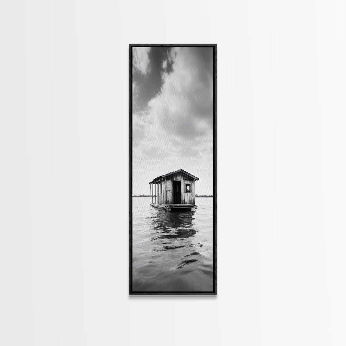 Floating Cabin, Water House, Tranquil Escape, Framed Canvas Print, Serene lake house wall art, Cabin decor, Nature minimalist bathroom print