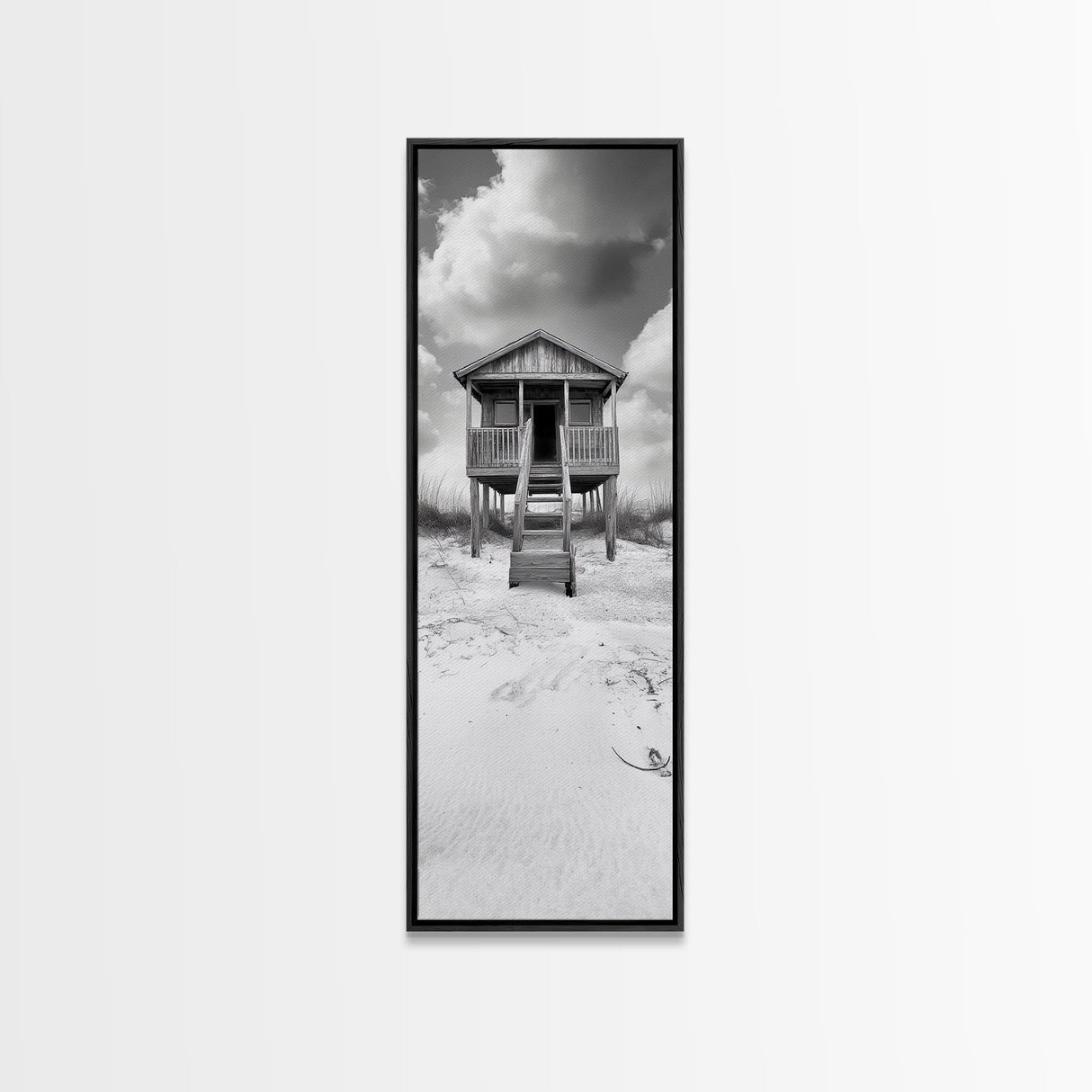 Beachfront Cabin, Rustic Shack, Seaside Simplicity, Cloudy Sky, Island Life, Framed Canvas Print, Entryway Wall Art, Coastal Farmhouse Decor