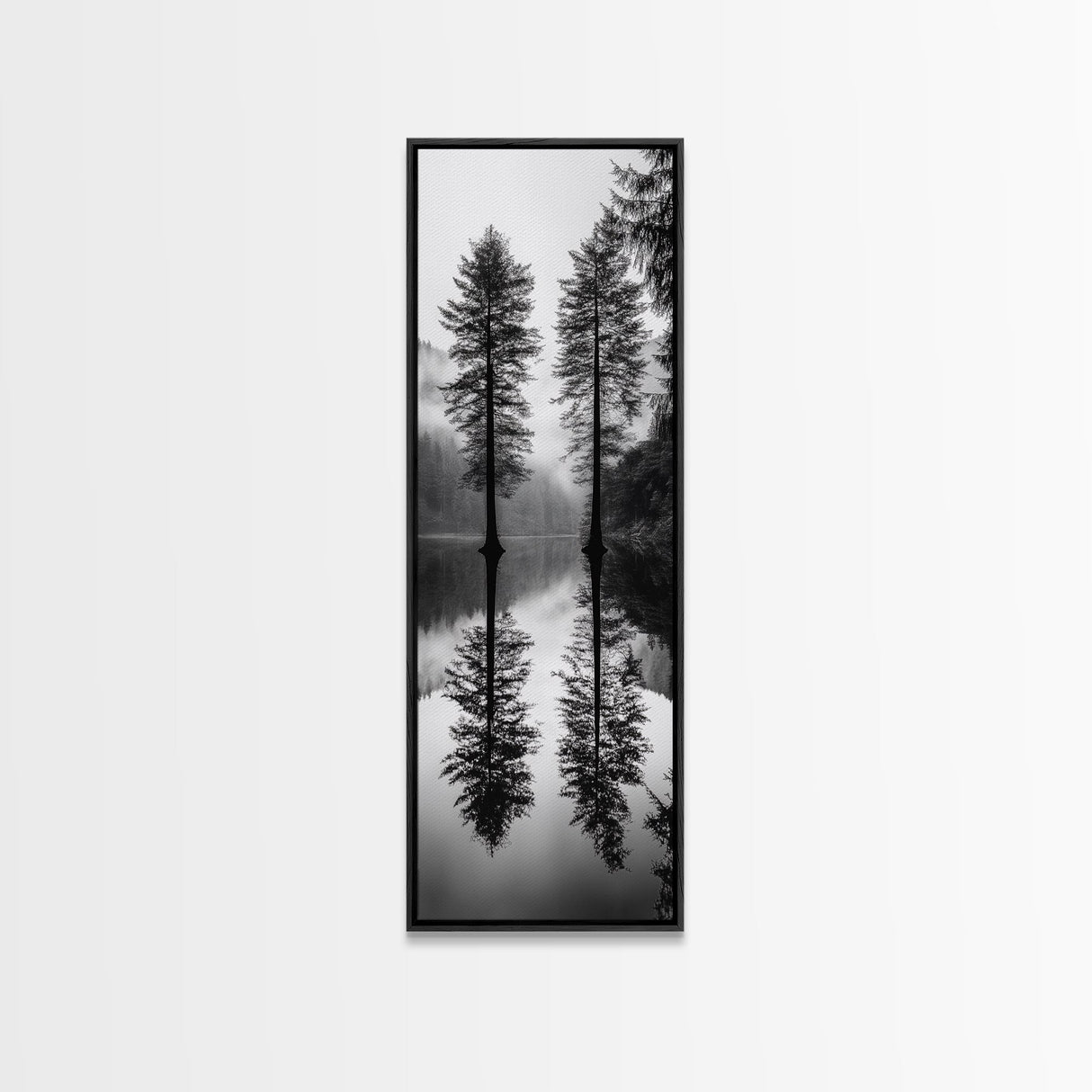 Twin Pines, Forest Reflection, Misty Lake, Black and White Nature, Framed Canvas Print, Living Room Wall Art, Nature Photography, Zen Decor