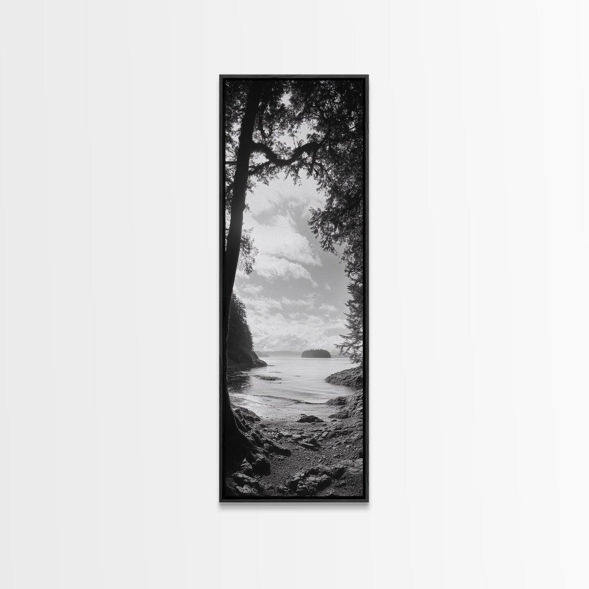 Island View, Forest Coastline, Secluded Shore, Tranquil Ocean Scene, Canvas Print, Boho Decor, Entryway Wall Art, Nature Wall Aesthetic
