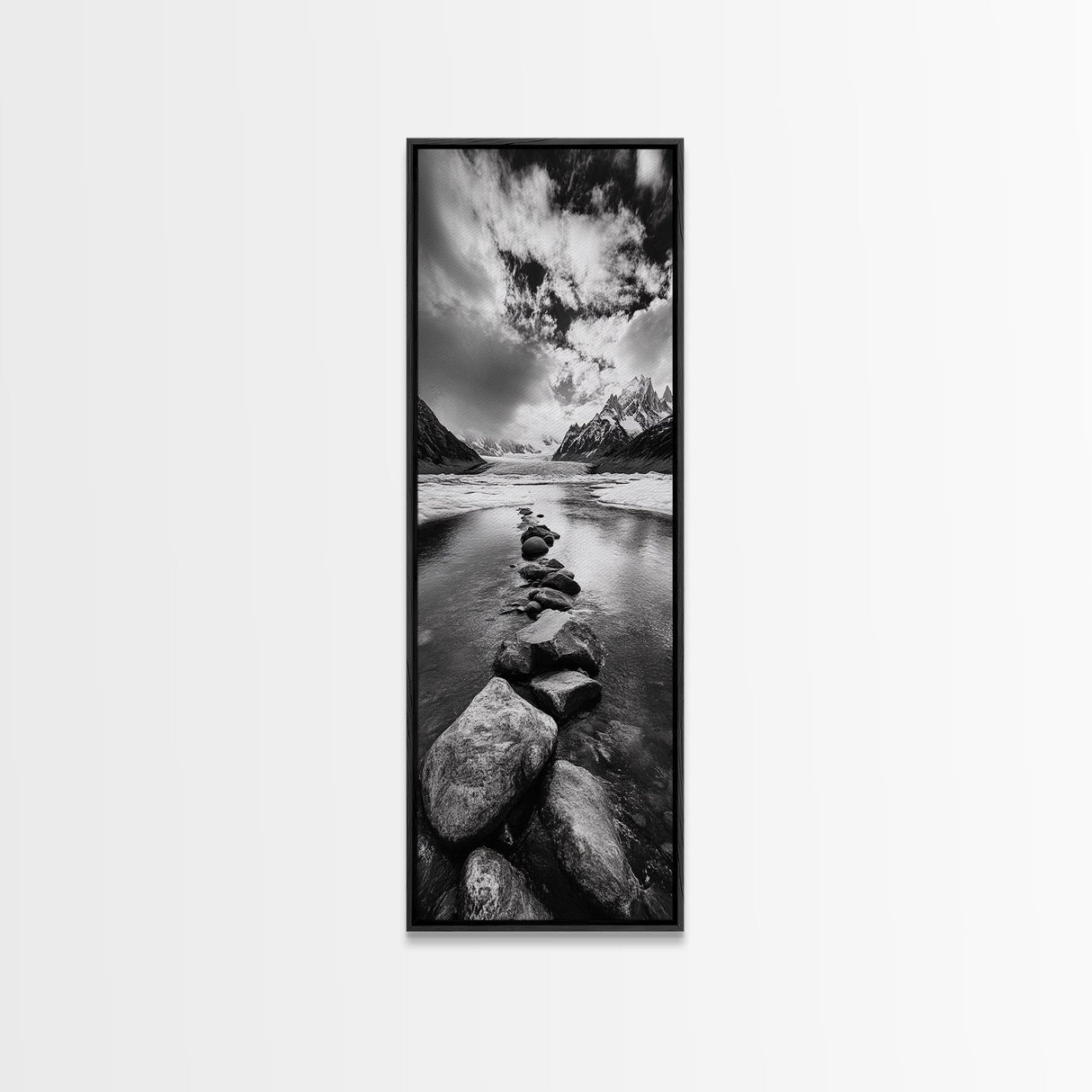 Mountain Stream, Stone Path, Black and White Nature, Scenic Landscape, Framed Canvas Print, Modern Cabin or Rustic Wall Decor, Office Art