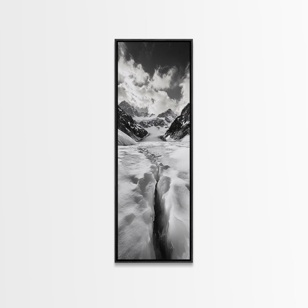 Glacier Trail, Snowy Valley, Black and White Mountain Art, Crevasse Texture, Canvas Print, Winter Landscape, Office Print, Entry Wall Art