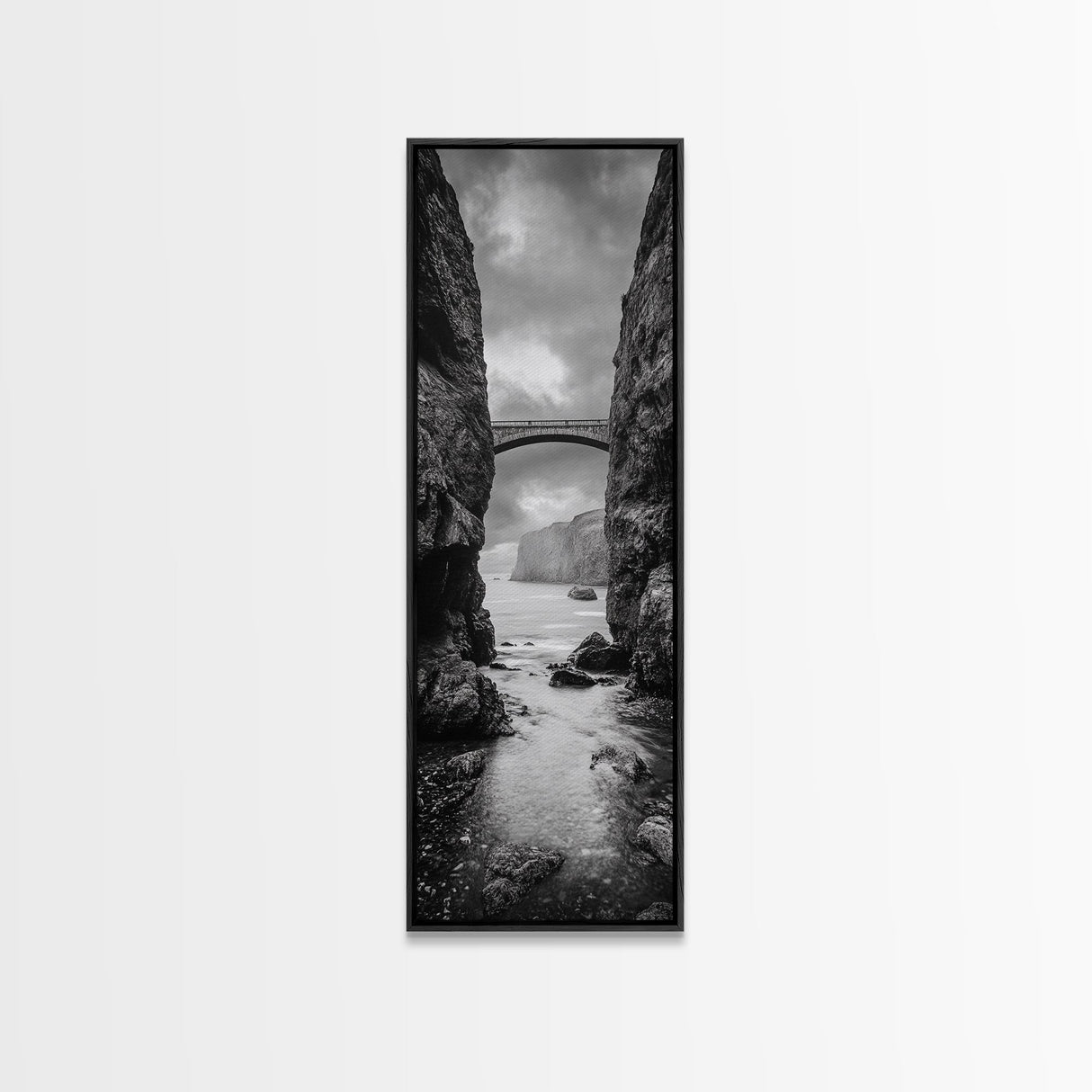 Sea Arch, Cliff Bridge, Coastal Landscape, Dramatic Ocean View, Black and White Framed Canvas Print, Bathroom Art, Hallway Wall Art