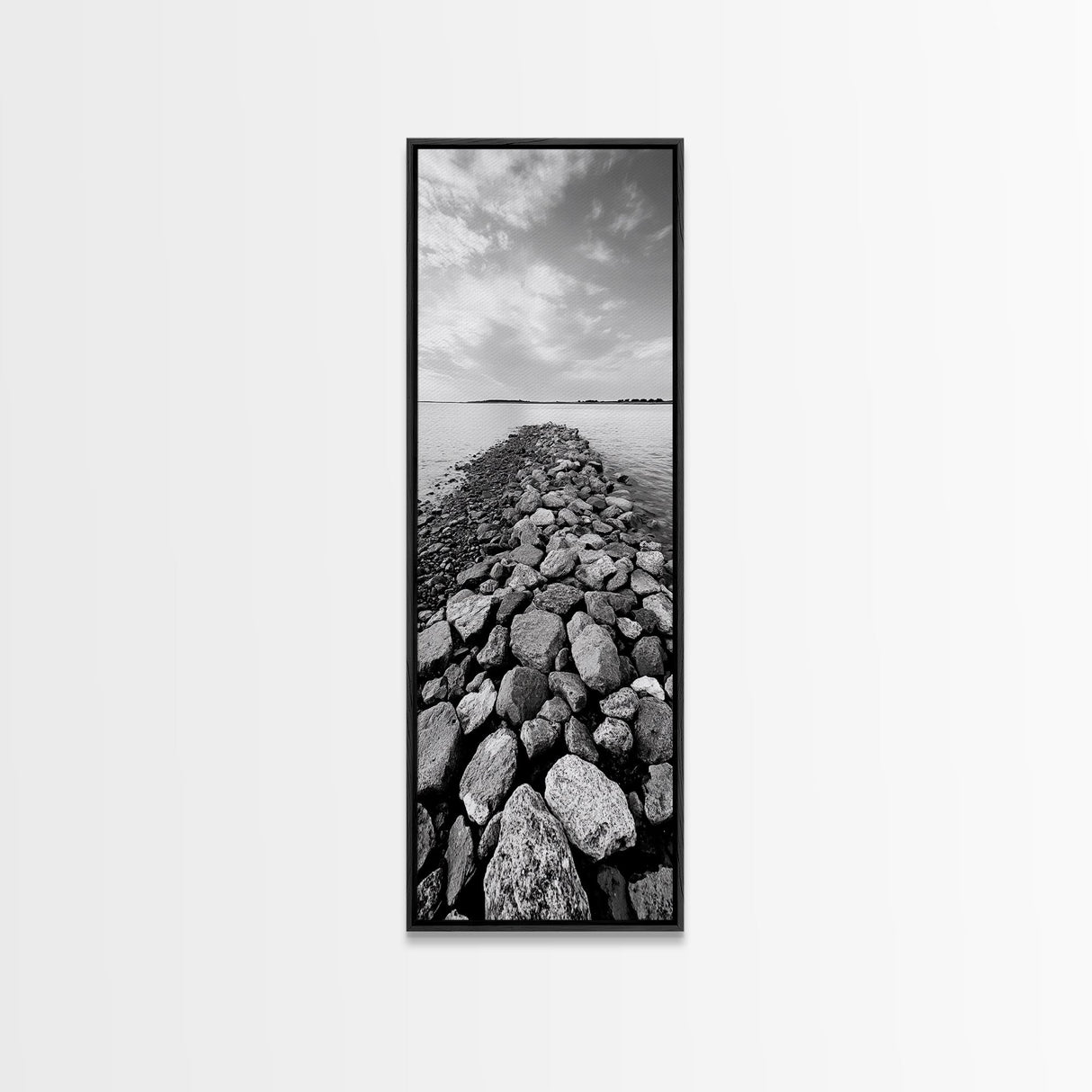 Rocky Jetty, Ocean Horizon, Black and White Seascape, Minimalist Nature, Canvas Print, Neutral Wall Decor, Office Wall Art, Hallway Decor