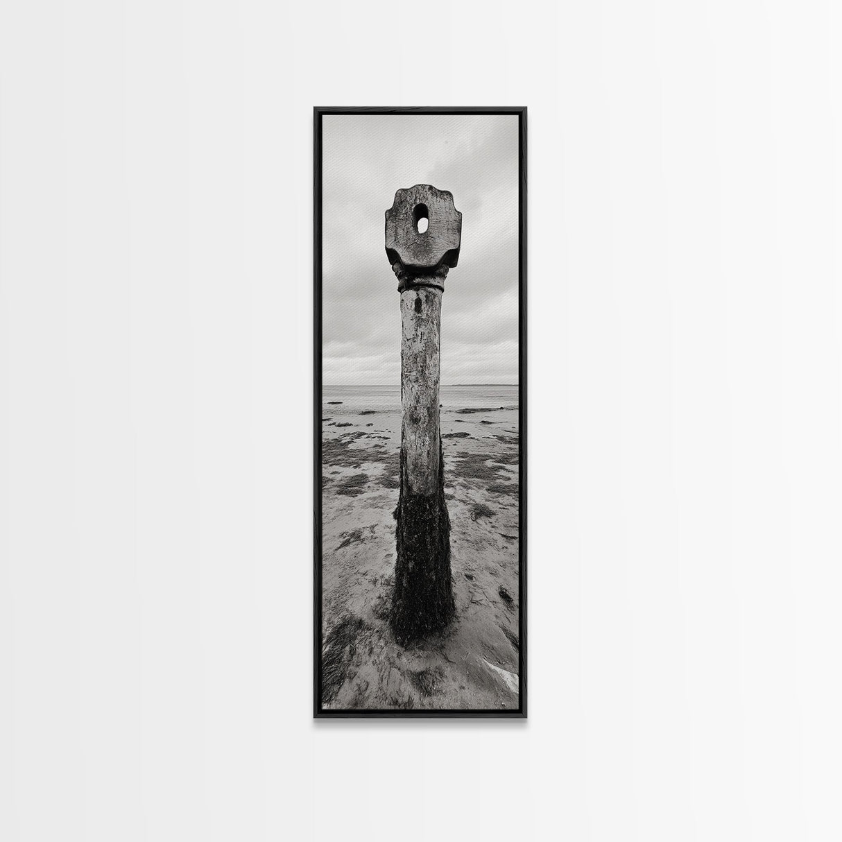 Driftwood Totem, Coastal Pillar, Ocean Beach Monochrome, Framed Canvas Print, Rustic Wall Art, Boho Bedroom Decor, Nature Photography