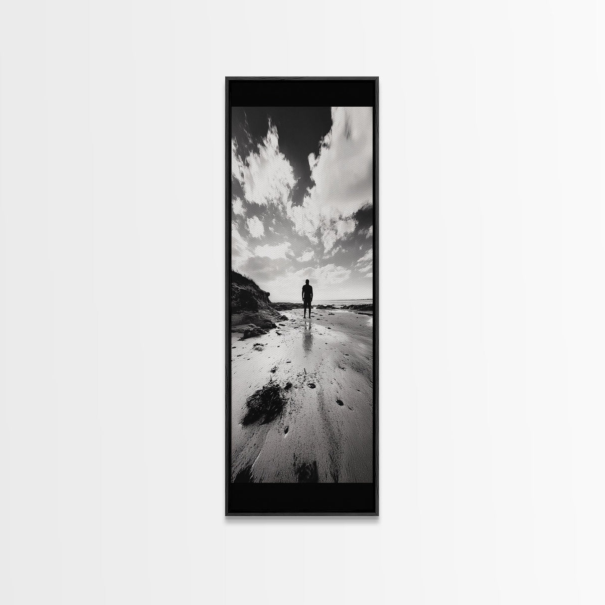 Lone Beach Walker, Dramatic Sky, Ocean Reflections, Solitude Moment, Framed Canvas Print, Hallway Wall Art, Moody Minimalist Decor
