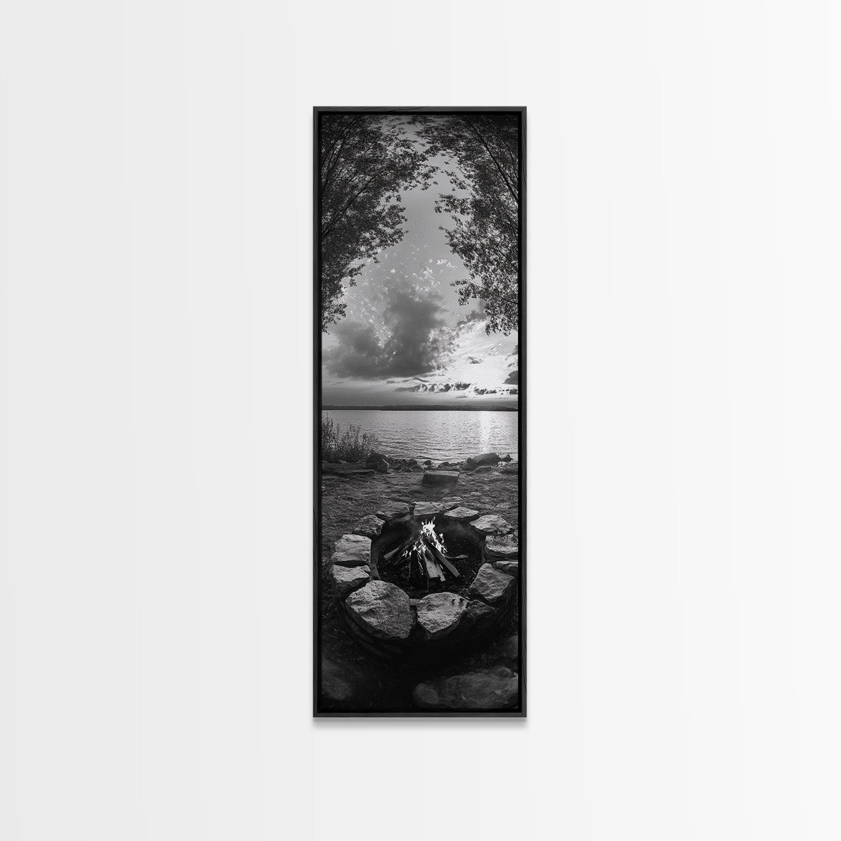 Campfire Sunset, Autumn Gathering, Fireside Evening, Lake Horizon, Framed Canvas Print, Fall Decor, Cabin Living Room Wall Art, Nature Lodge Print