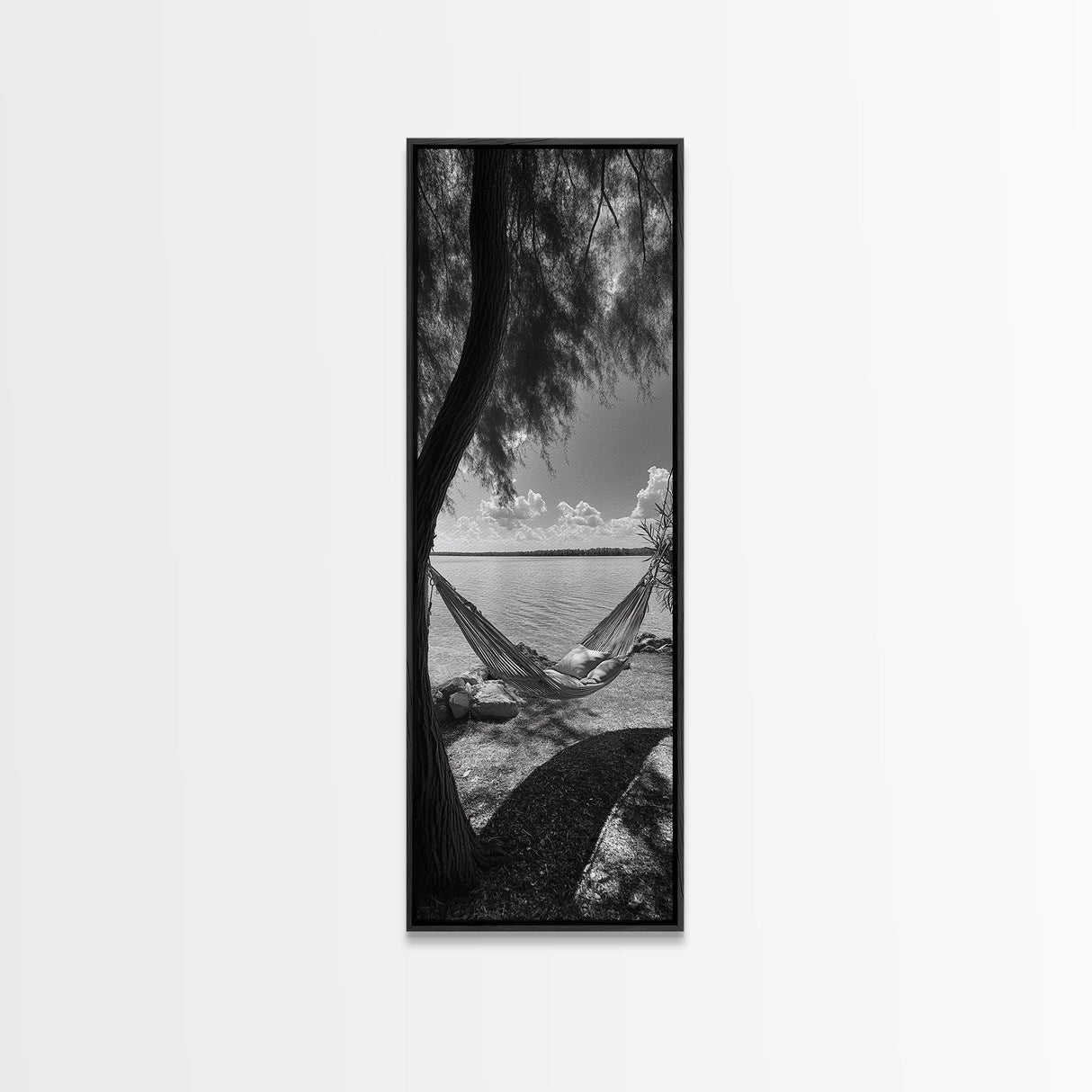 Hammock Dreams, Coastal Rest, Lakeside Retreat, Chill Vibes, Framed Canvas Print, Boho Wall Art, Serene Bedroom Art, Relaxation Inspired Decor