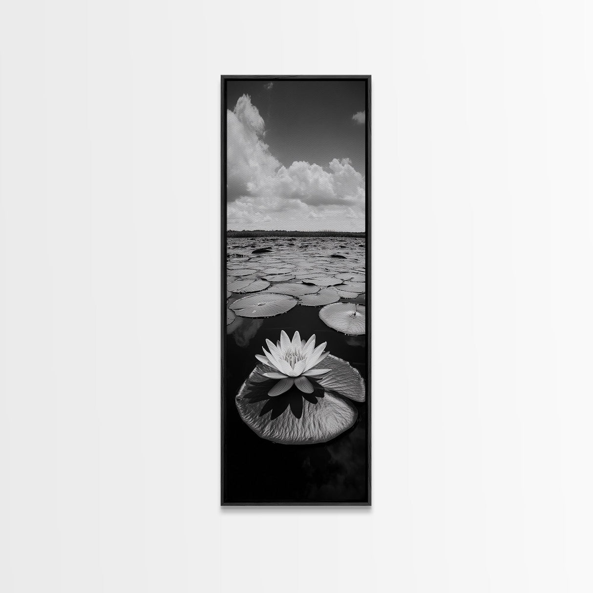 Water Lily Bloom, Lake Flowers, Lotus Petals, Peaceful Reflections, Botanical Art Framed Canvas Print, Spa Room Floral Wall Decor