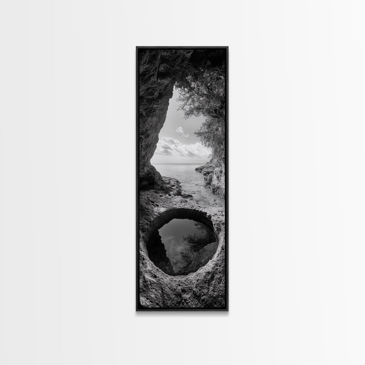 Ocean Cave, Coastal View, Natural Tide Pool, Canvas Print, Bathroom Wall Art, Seaside Decor, Minimalist Landscape, Black and White Art