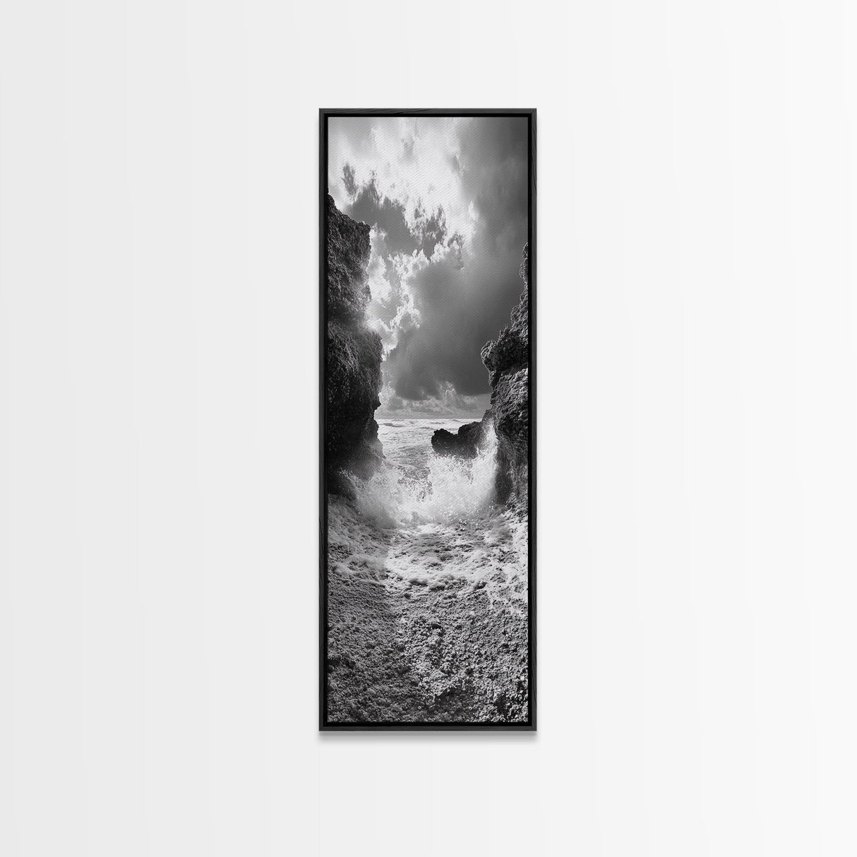 Wave Crash Rocks, Ocean Drama Scene, Moody Beach Photography, Coastal Kitchen Decor, Framed Canvas Print, Nautical Wall Art