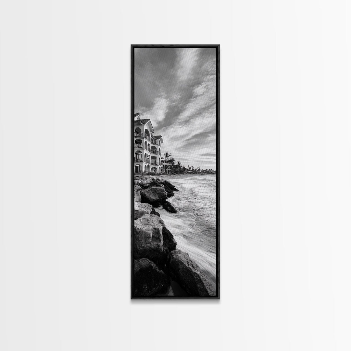 Coastal Resort Scene, Waves Rocks Hotel, Tropical Vacation Art, Beach House Wall Decor, Canvas Print, Living Room Style, Coastal Minimalist