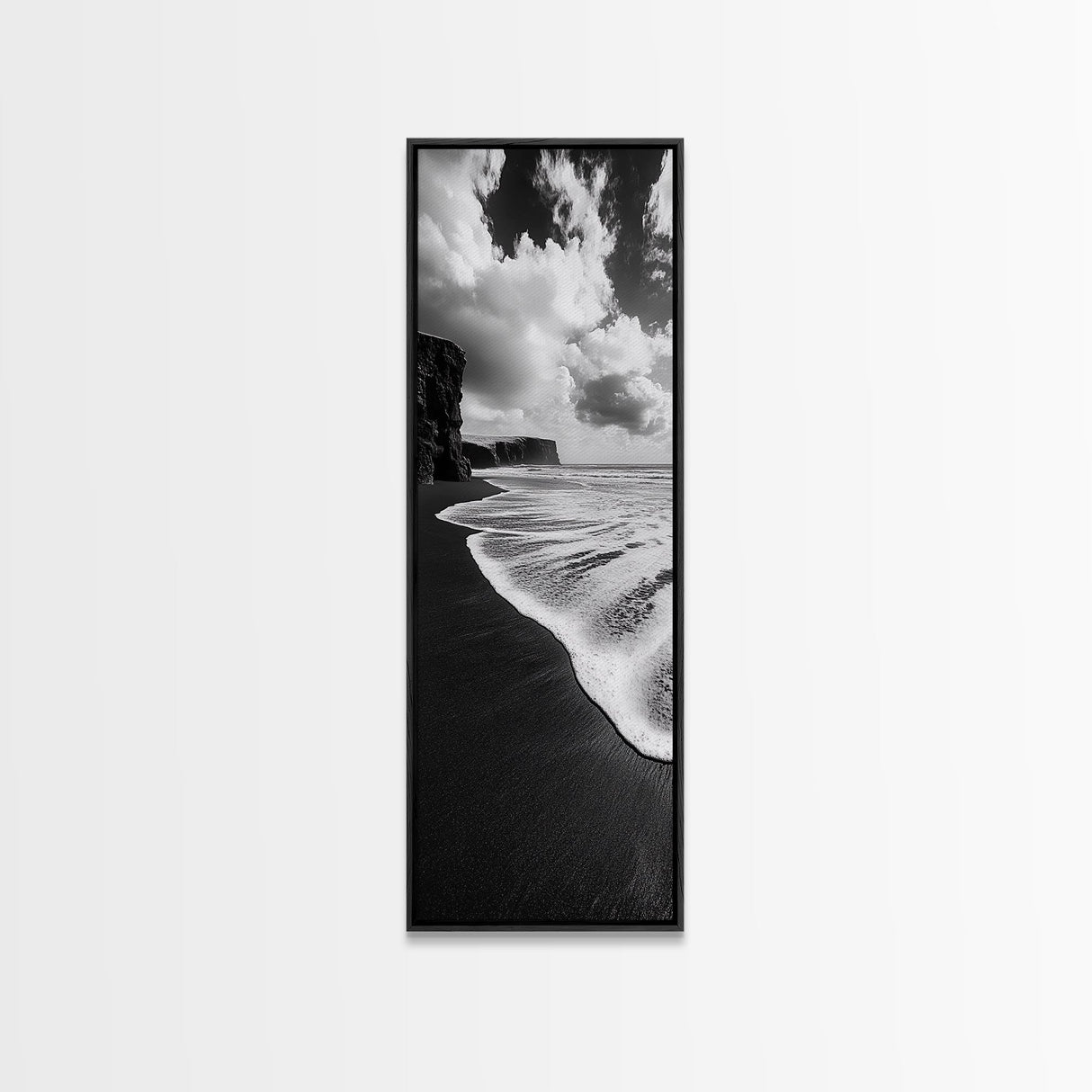Shoreline Edge, Ocean Waves, Coastal Horizon, Framed Canvas Print, Black and White Beach Art, Bathroom Art, Entryway Wall Decor