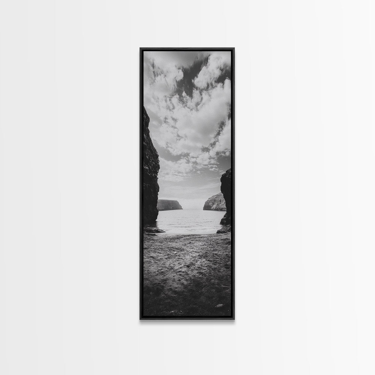Seaside Cliffs, Ocean Gateway, Tranquil Cove, Framed Canvas Print, Nautical Wall Art, Modern Coastal Decor, Neutral Beach Style