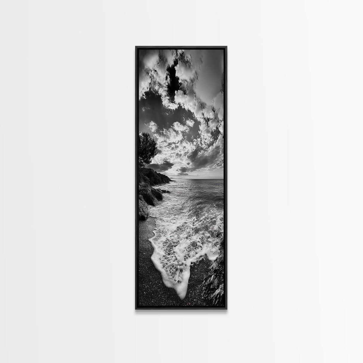 Rocky Coastline, Ocean Foam, Sunset Glow, Framed Canvas Print, Nautical Wall Art, Beach House Decor, Moody Seascape Photography