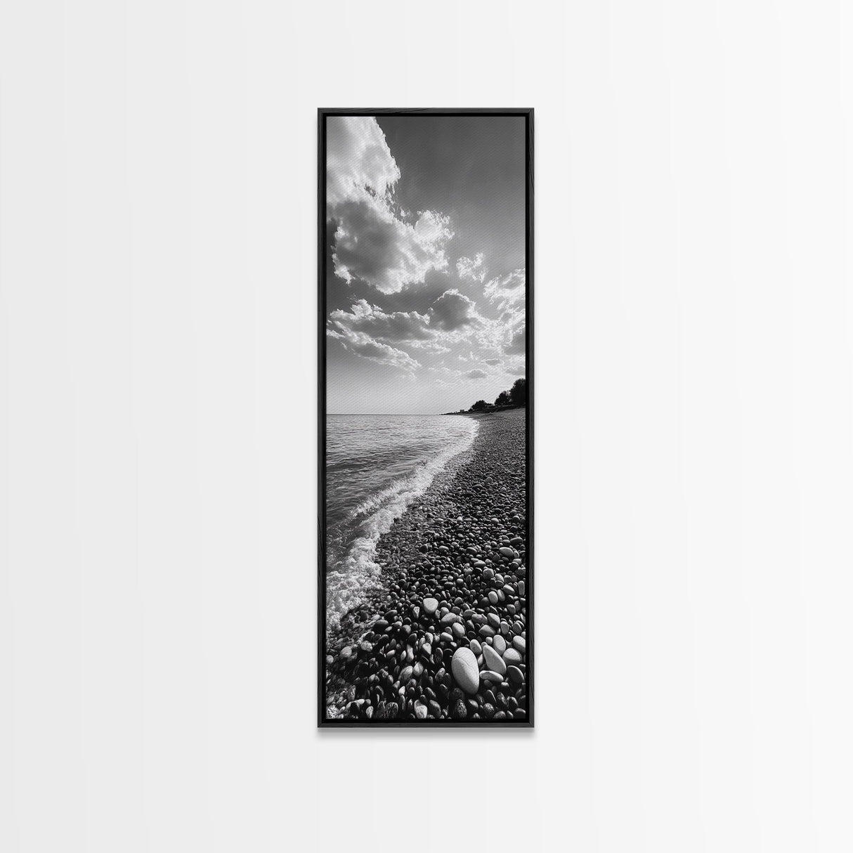 Pebble Beach, Gentle Waves, Coastal Calm, Framed Canvas Print, Minimalist Bathroom Wall Art, Nature Texture Decor, Seaside Zen, Office Wall Art