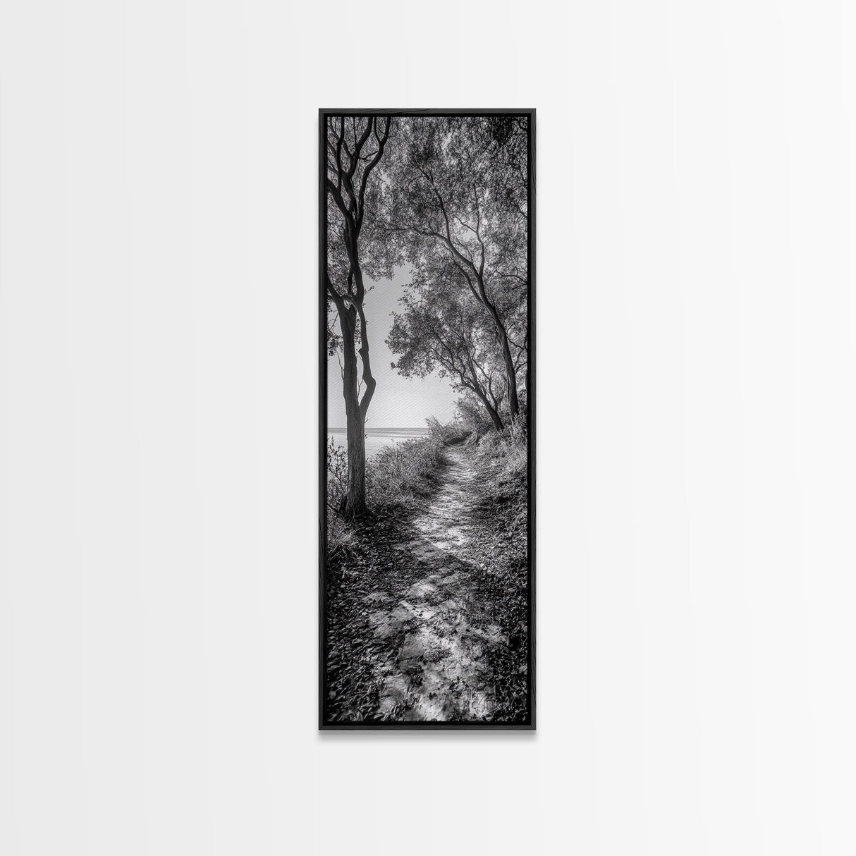 Lakeside Pathway Scene, Forest Walk Tranquility, Coastal Trail Mood, Framed Canvas Print, Nature-Lover Bedroom Wall Art, Cabin Wall Art