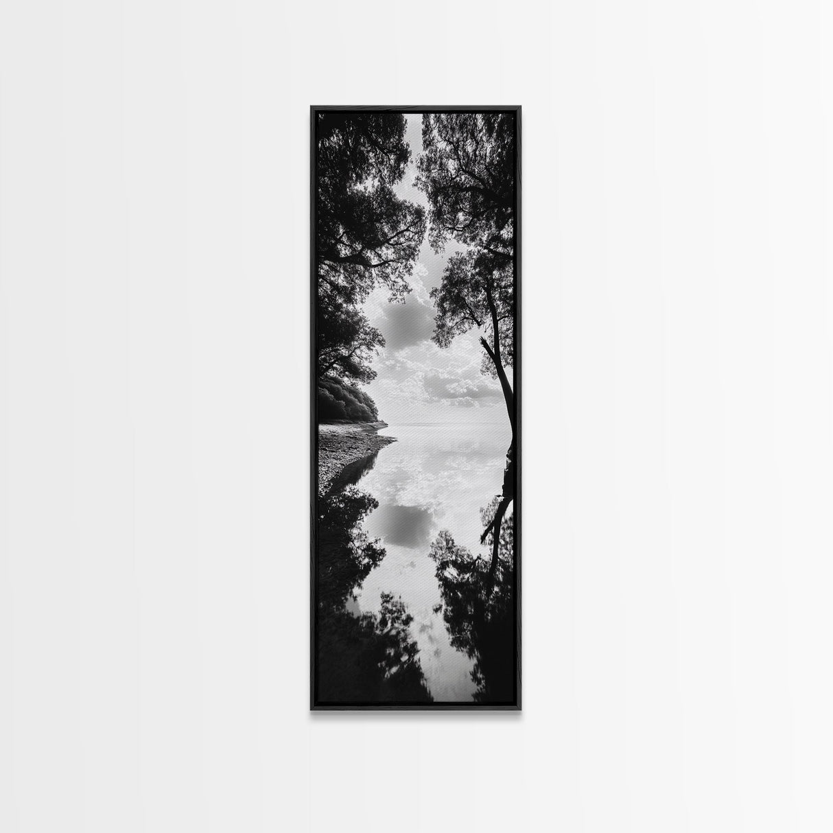 Misty Lake, Nature Reflection, Tranquil Waters, Monochrome Trees, Framed Canvas Print, Minimalist Wall Art, Bathroom or Hallway Decor