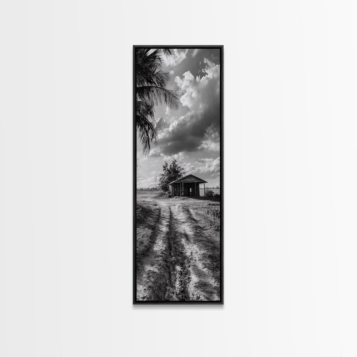 Rustic Cabin, Countryside Road, Farm Field, Palm Trees, Framed Canvas Print, Farmhouse Entryway Wall Art, Fall Landscape, Den Wall Art
