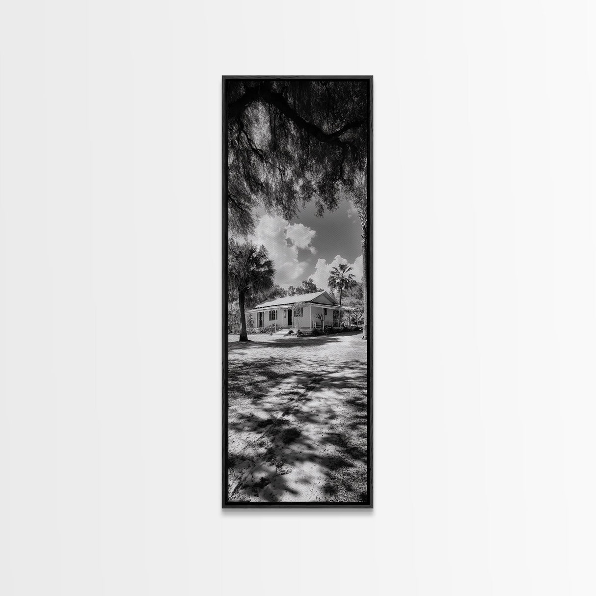 Tropical House, Palm Trees, Bright Sky, Southern Charm, Framed Canvas Print, Living Room Wall Art, Modern Beach House Decor